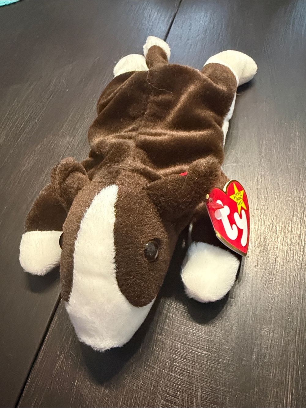 Ty Brown & White Plush Puppy Bruno Beanie Buddy with Heart Tag